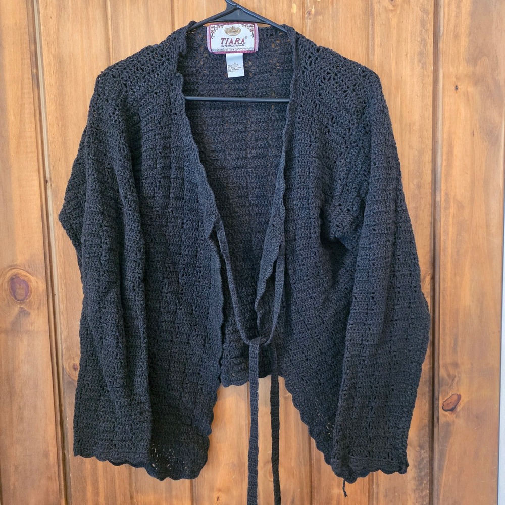 Tiara International Crochet Cardigan Women‎ Large Black Excellent Vintage Tie